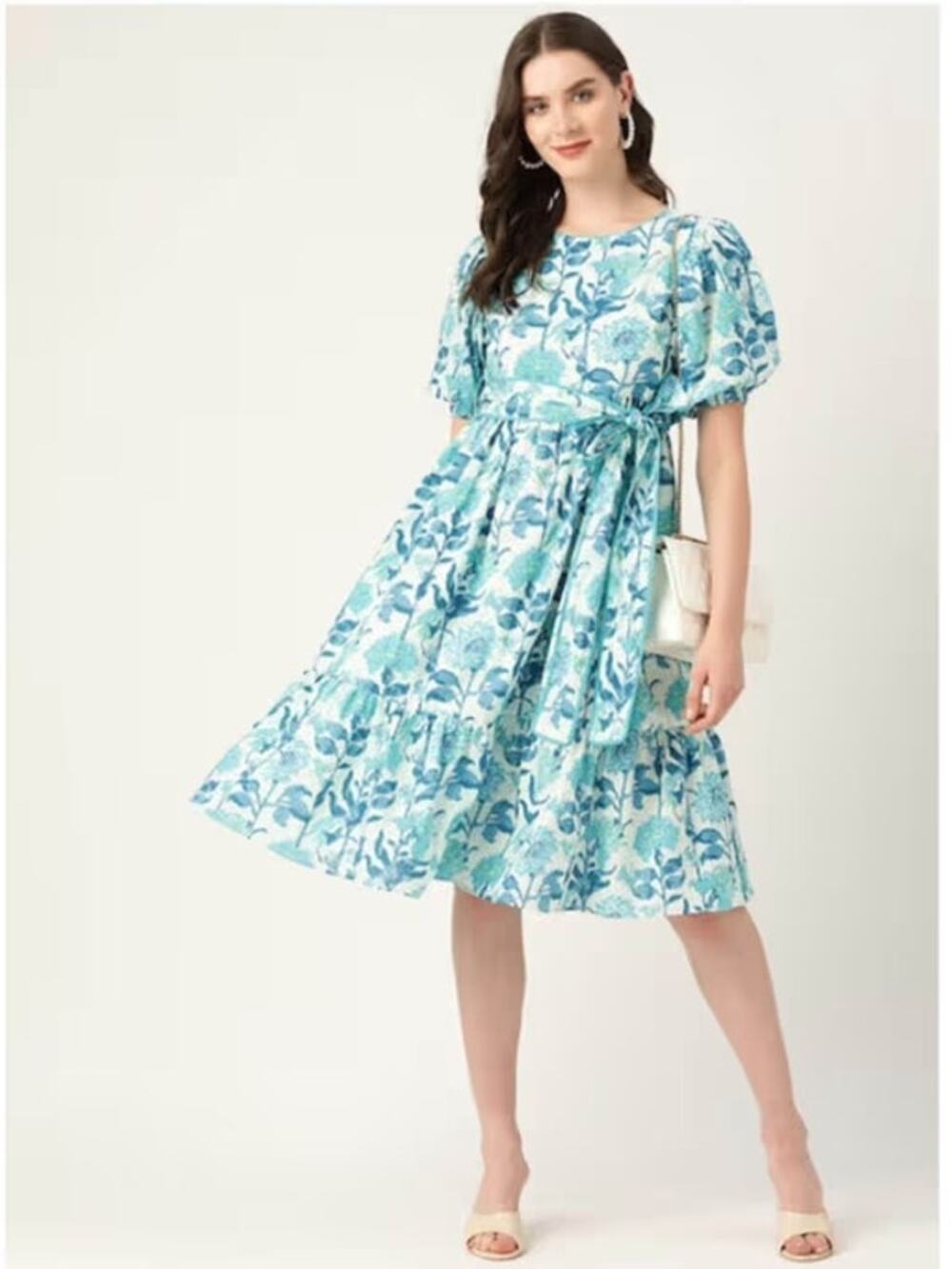 Jaipur Morni Cotton Floral Belted Midi Dress Turquoise Boho Size XXL
